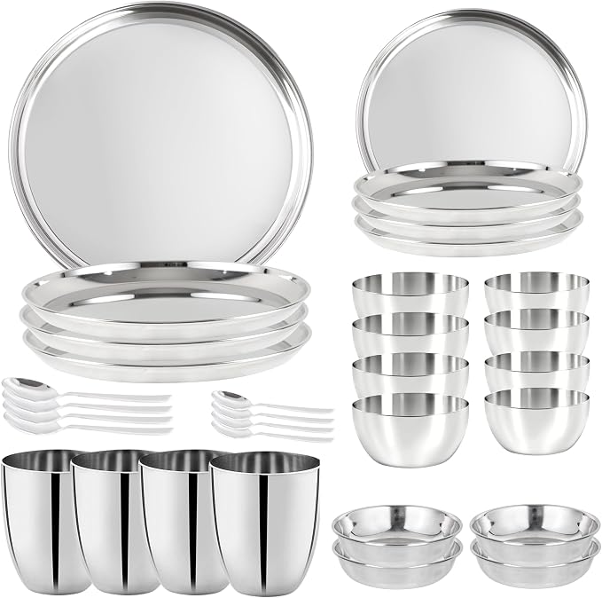 Stainless Steel Dinnerware Set of 32 Pcs (Dinner Plates, Cups, Dishes, Bowls) Metal Dinnerware Sets, Dishwasher Safe, Reusable Dinner Set for Home Kitchen Camping - Service for 4