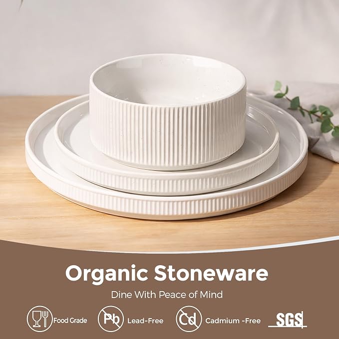 GBHOME Stoneware Dinnerware Sets for 4, 12 Pieces Lightweight Ceramic Ribbed Plates and Bowls Set, Reactive Glaze Stackable Plate Sets, Scratch Resistant Dishes, Microwave & Dishwasher Safe,White