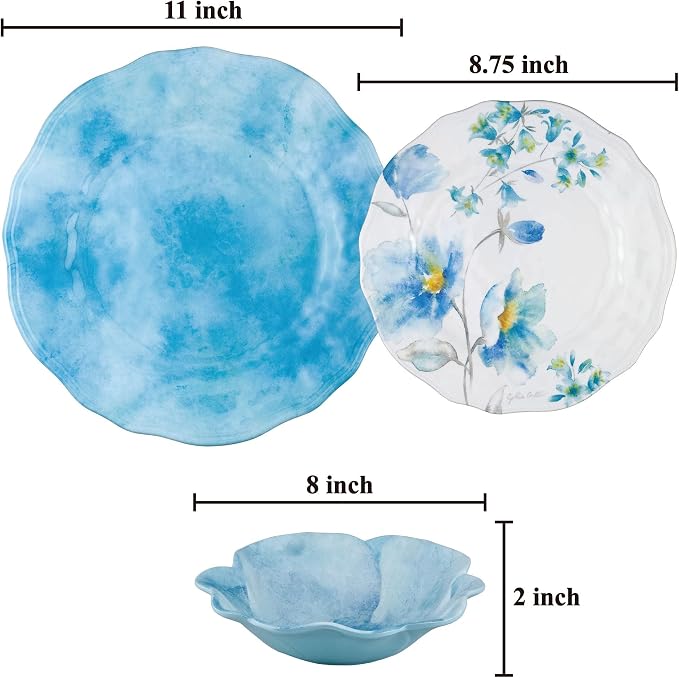 UPware 12 Piece Campanula Melamine Dinnerware Sets, Outdoor Dishes Set, Plates and Bowls Sets, Service for 4, Sky Blue