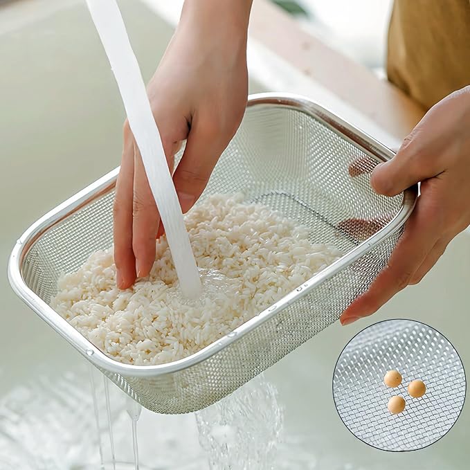18/8 Stainless Steel Fine Mesh Strainer Basket with Feet, Rectangular Colander for Vegetables, Fruits, Pasta, Noodles – Rustproof, Durable & Easy to Clean (11.02 inch)