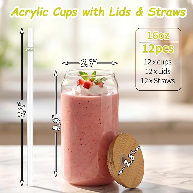 12 Pack Clear Plastic Cups with Bamboo Lids and Straws, 16 oz Acrylic Mason Jars Reusable Iced Coffee Cups Unbreakable Drinking Glasses for Poolside, Party Giveaways, Park Picnic