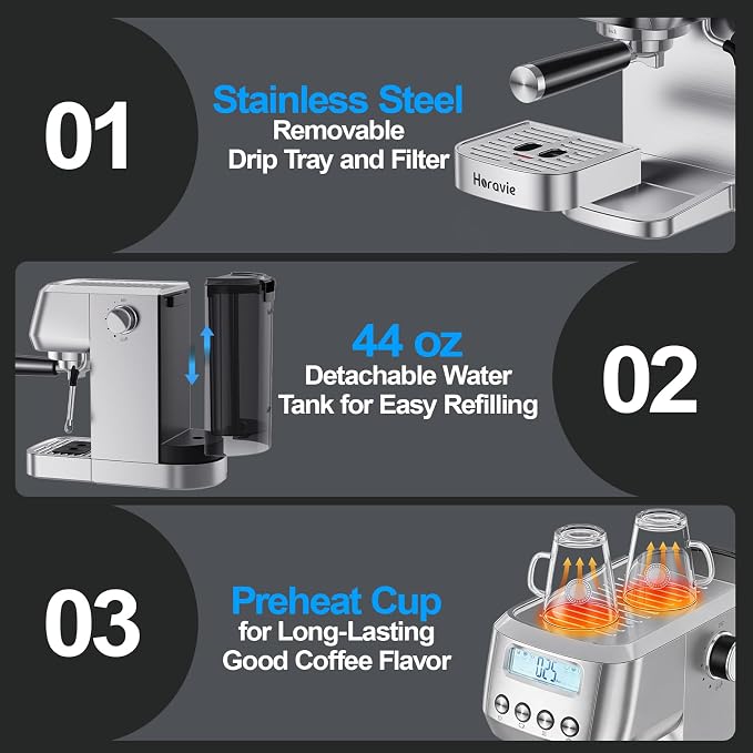 Horavie Ultra Espresso Machine with LCD Display, Espresso Maker with Powerful Milk Frother, Customizable Brewing Temperature, Professional Cappuccino & Latte Machine, Gift for Men & Women