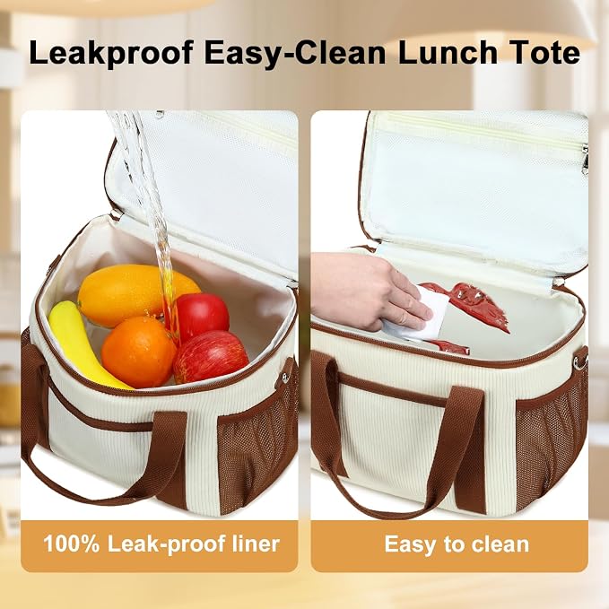 BTOOP Insulated Lunch Box for Women, Cute Corduroy Lunch Bag with Shoulder Strap, Leakproof Wide-Open Lunch Tote for Work, Office, School, Picnic, Cream
