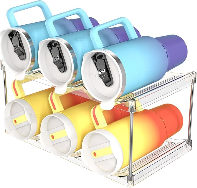 Yieach 2 Tier Waterbottle Organizer for Cabinet - Large Compartment Stackable Water Bottle Holder and Wine Bottle Rack,Acrylic Water Bottle Organizer Rack for 40 oz Stanley Cup,Yeti and Tumbler Shelf