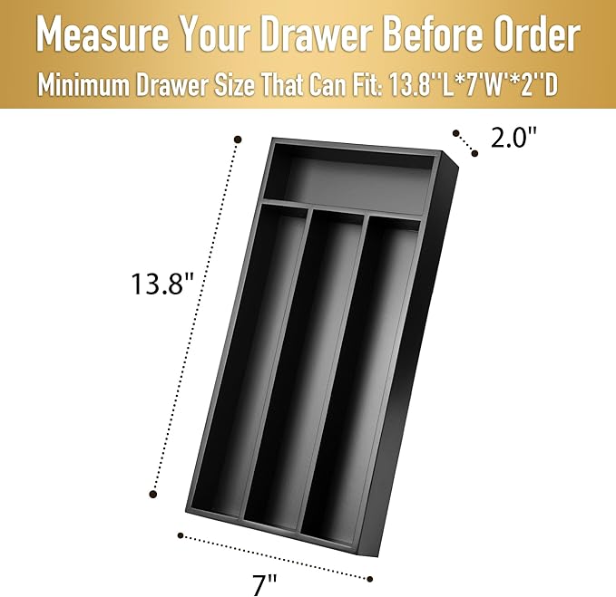 Silverware Organizer Small Bamboo Kitchen Drawer Organizer Utensil Organizer Silverware Holder Cutlery Organizer in drawer Flatware Organizer Tray (Black 4 Slots)