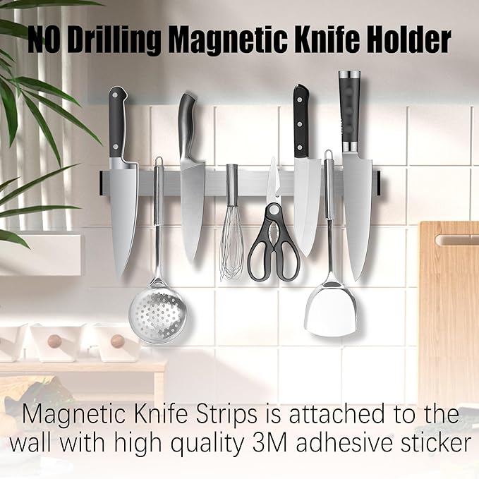 Magnetic Knife Holder for Wall 16 Inch, Strong Adhesive No Drill, Professional Knife Strip, No Screws Needed, Adhesive Backing, Stainless Steel Knife Bar
