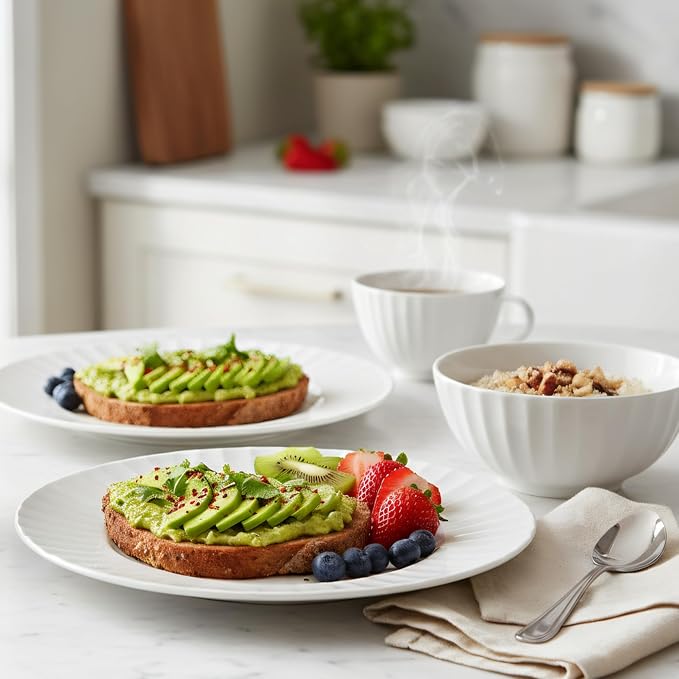 16-Piece Bone China Dinnerware Set for 4, White embossed dinnerware set, Plates and Bowls with Textured Design, Microwave Dishwasher Safe