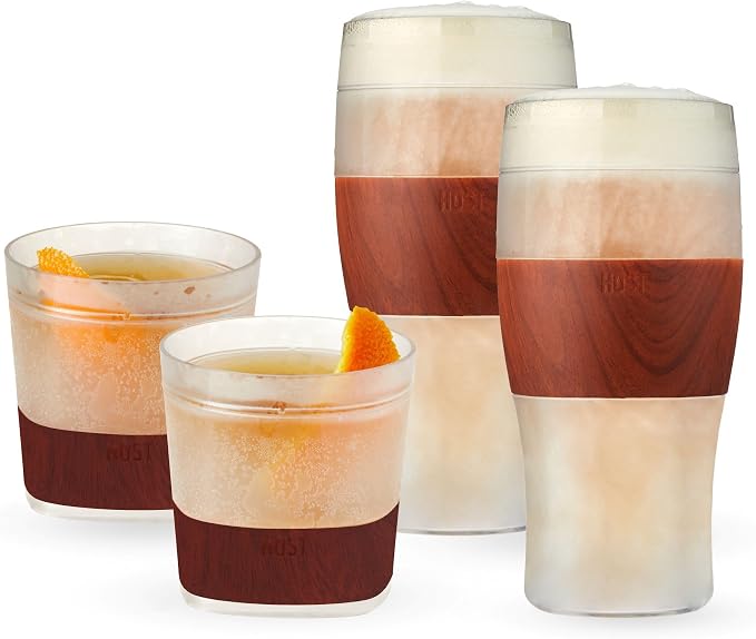 Host FREEZE Beer and Whiskey Glasses Set, Insulated Drinking Glasses, Freezable Pint Glass and Old Fashioned Glass with Silicone Bands, Perfect Gifts for Men, Dad Gifts, 16 oz & 9 oz, Set of 4, Wood