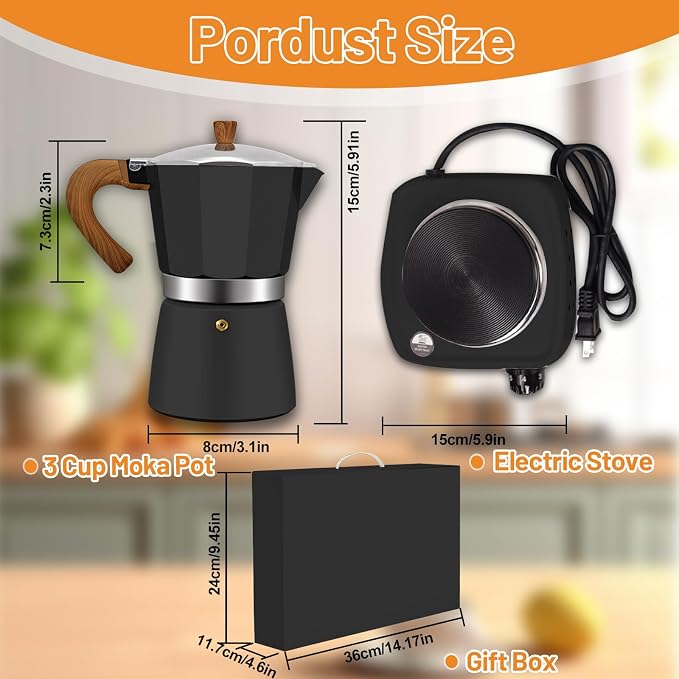 2-in-1 Aluminum Moka Pot Set with Electric Stove Classic Stovetop Espresso Coffee Maker 150ml 5oz Mocha Express Portable Gift Camping Travel Preferred Cafe Italian Cuban Café Brewing 3 Cup