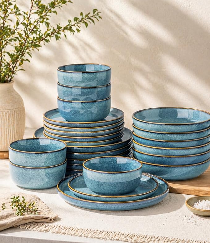 GBHOME 24 Pieces Double Bowls Ceramic Dinnerware Sets for 6, Stoneware Plates and Bowls Set with Reactive Glaze, Scratch Resistant Stoneware Dishes Set, Dishwasher & Microwave Safe