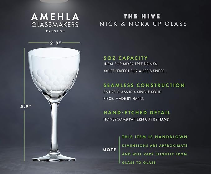 Amehla "Hive Glass Honeycomb Nick & Nora Cocktail Glasses, 5oz Coupe Martini, Manhattan, Bee's Knees Craft Cocktails Glass (Pack of 2)