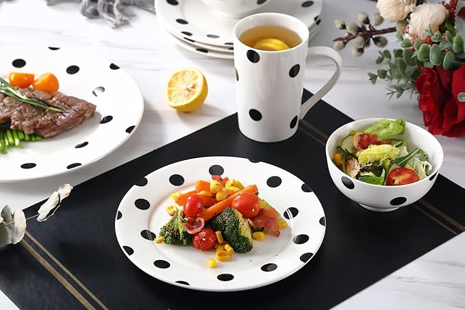 16-Piece Black and White Polka Dot Dinnerware Set for 4, Modern Porcelain Plates and Bowls Set, Ceramic Dish Set with Mugs, Dishwasher & Microwave Safe, Elegant Kitchen Gift - White