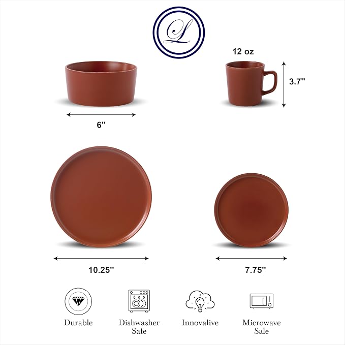 Lorren Home Trends Red Stoneware Dinnerware Set, 16 Piece, Service for 4, Microwave and Dishwasher Safe