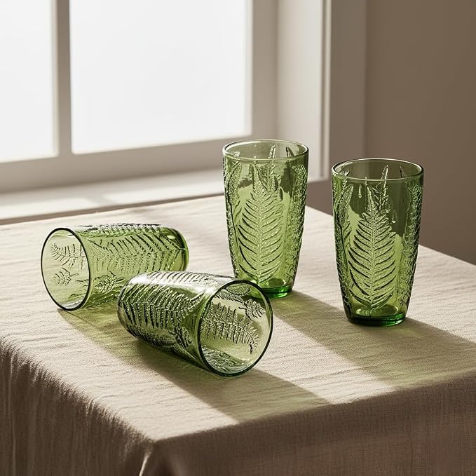 Green Drinking Glasses Set of 8, 16 oz Vintage Hand-Pressed Glass Cups, Fern Textured Highball Tumblers, Antique Style Boho Glassware for Water, Juice, Cocktails & Mocktails, Housewarming Gift Set