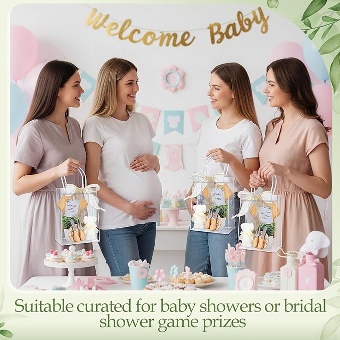 Honeydak 49 Pcs Baby Shower Prizes for Game Players 6 Sets Babysuit Shaped Bamboo Cheese Board Fork Knives Coasters Towel Potted Plant Thanks Card Gift Bag for Baby Bridal Shower Wedding Favors