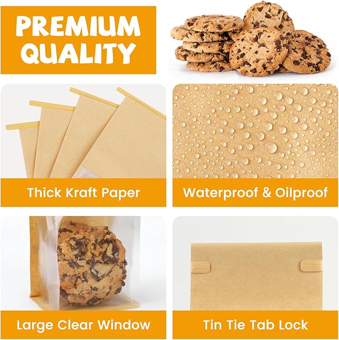 100 Pack Cookie Packaging Bags, 3.9x3.1x8.2 Inches Small Bakery Bags with Window Tin Tie Tab Lock Resealable Paper Treat Bag for Baked Goods Gift Giving and Bake Sale | Thick Material, Grease Resistant, Self Standing