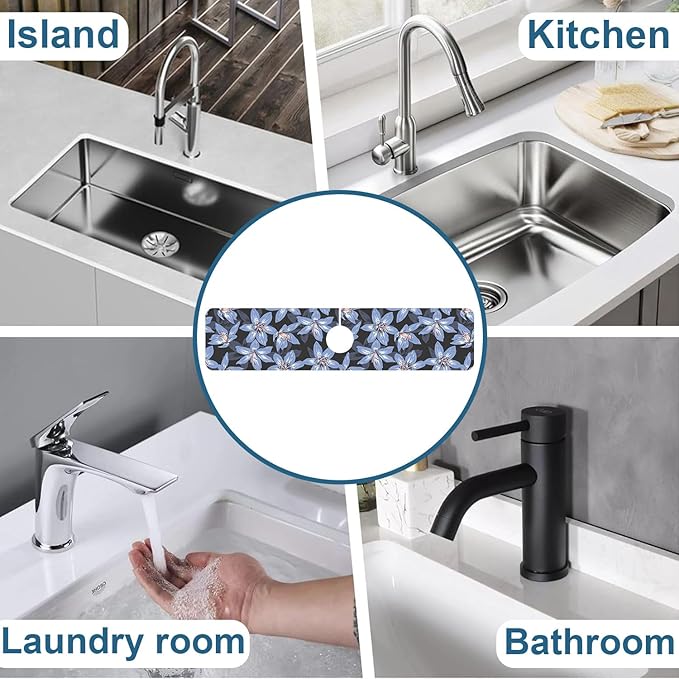 Blooming Lily Sink Splash Guard Faucet Mat Blue Lily Flowers Super Absorbent Fast Drying Mat Sink Gadgets-Splash Guard Behind Faucet Drip Catcher for Kitchen Bathroom, 23.5"x5.5"