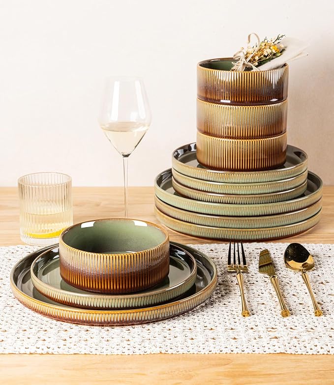 TheTerra Ceramic Dinnerware Sets for 8, 24 Pieces Porcelain Lightweight Plates and Bowls Sets, Scratch Resistant Dish Set, Oven & Microwave & Dishwasher Safe, Sage Umber