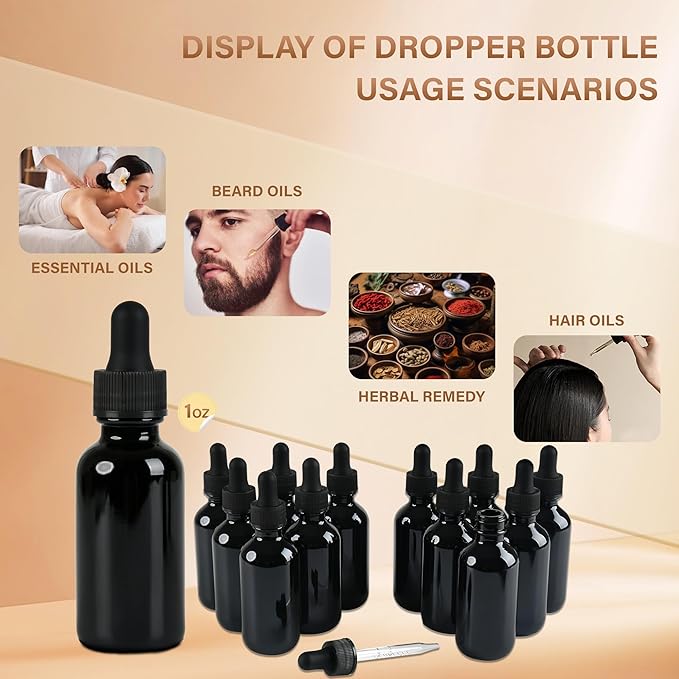 NOOEEISS 12 Pcs, 2oz Black Glass Eye Dropper Bottle, Tincture Bottles with Leak-Proof Design, Stronger Suction, for All Kinds of Mixed Liquids