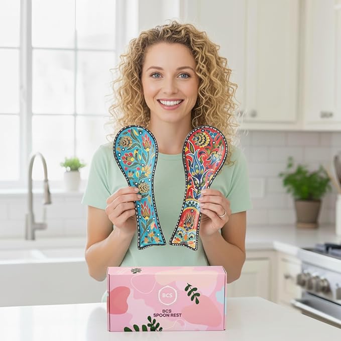 BCS Spoon Rest Set of 2 - Ceramic Spoon Holder for Stovetop & Kitchen Counter - Dishwasher Safe Handmade Kitchen Utensil (Blue-Red 3.5” W x 9" L)