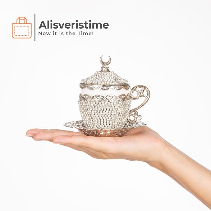 Alisveristime Gelincik Crystal Turkish Coffee Cup and Saucer, 1 Cup (Silver)