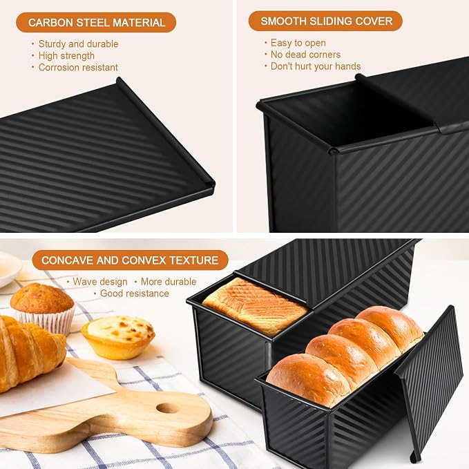 2.2lb Pullman Loaf Pan with Lid, Nonstick Carbon Steel Square Bread Pan for Baking Shokupan, Sandwich, Pain de Mie & Sourdough – Includes 6 Bonus Tools