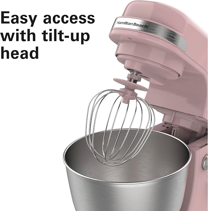 Hamilton Beach 4 Quart Electric Stand Mixer With 7 Speeds | Planetary Mixing For Full Bowl Coverage | Splash Guard | 300 Watts | Whisk, Flat Beater, Dough Hook | Rose