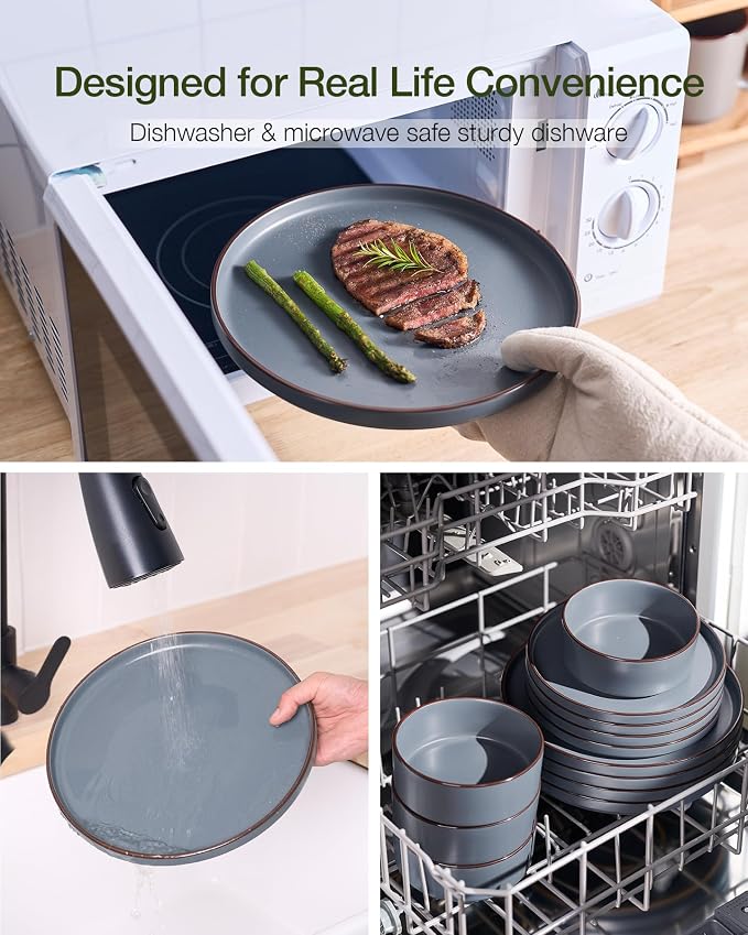 Famiware Nebula Ridge Stoneware Dinnerware Sets with Pasta Bowls, Plates and Bowls Sets, Service for 6 (24 Pieces), Microwave and Dishwasher Safe Kitchen Plates, Charcoal