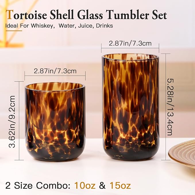 Tortoise Shell Drinking Glasses Set of 4, Brown Decorative Tortoise Shell Tumbler Cups for Wine & Drinks，Drinking Glasses for Wedding Gifts, Housewarming, Cocktail Party (4, 10oz+15oz)