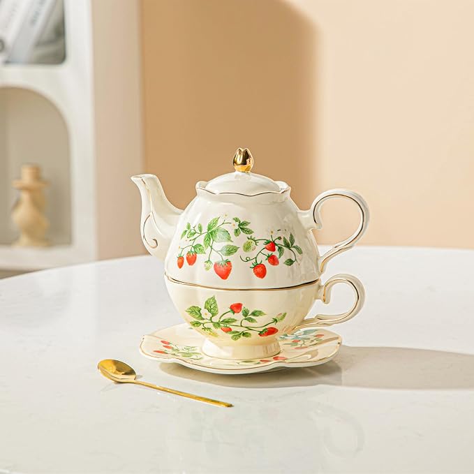 Teapot cup combo,Teapot and Teacup for One,Tea Cup and Saucer Set-Tea Pot Set Gift for Girl Women,strawberry