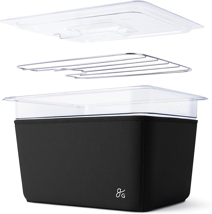 Greater Goods Pro Sous Vide Kit - An 1100 Watt, Powerful, Precise Sous Vide Cooker and Premium, Plastic Container with Sous Vide Rack, Lid, and Neoprene Sleeve | Designed in St. Louis