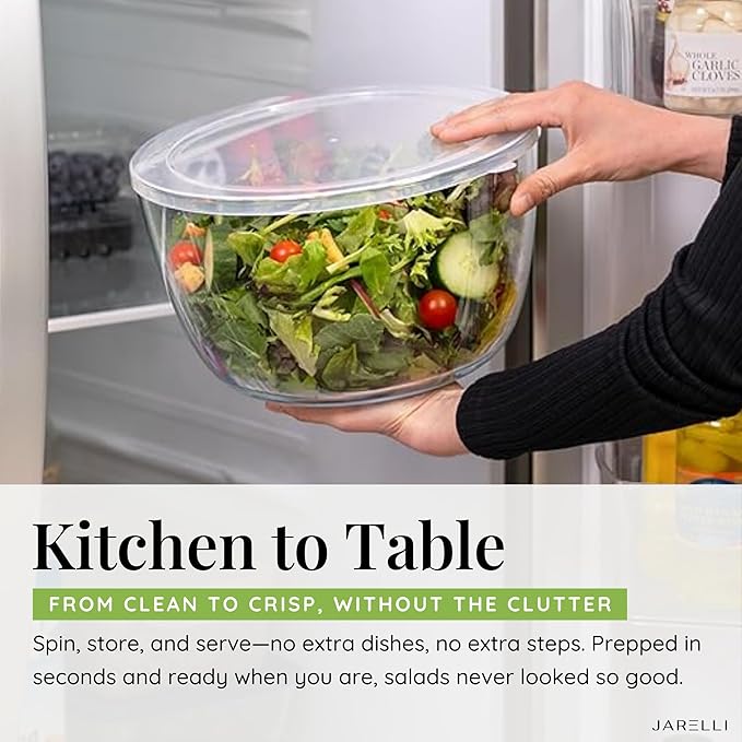 Glass Salad Spinner Large Capacity 6.3QT with Storage Lid | Boroscilicate Glass Bowl and BPA-Free and Food-Safe Colander, Base, Spinner Lid and Storage Lid | Washing, Spinning, and Draining