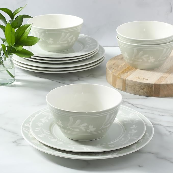 Martha Stewart Dinnerware Set - Maiden Crown 12-Piece Dish Set, Sage Green – New Bone China Ceramic Plates & Bowls – Floral Design – Service for 4 – Microwave & Dishwasher Safe