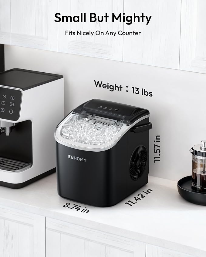 EUHOMY Countertop Ice Maker Machine with Handle, 26.5lbs Per Day, 9 Ice Cubes Ready in 6 Mins, Auto-Cleaning Portable Ice Maker with Basket and Scoop, for Home/Kitchen/Camping/RV (Black)
