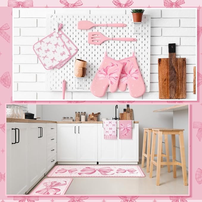 Fourluoo 30 Pcs Pink Bow Kitchen Decor and Utensils Set Pink Kitchen Towels and Rugs Oven Mitts and Pot Holders Non Toxic Silicone Utensils Set Heat Resistant Dishwasher for Women Mom Gift Cooking