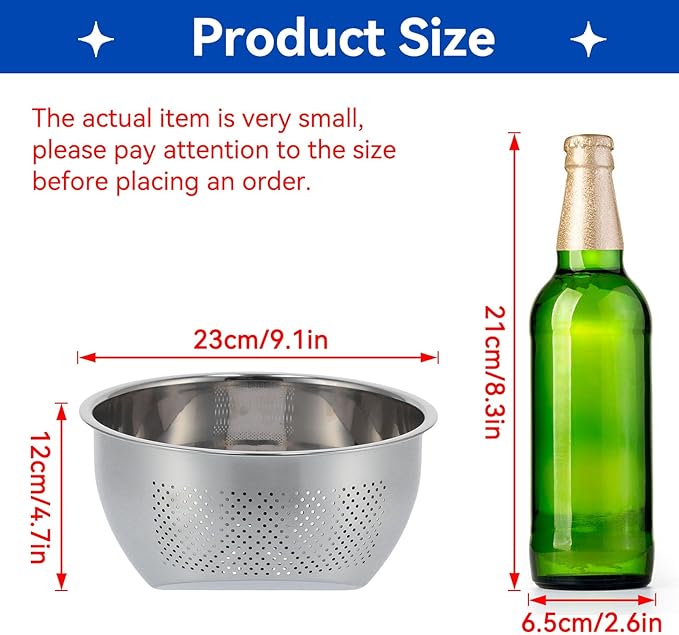 Rice Washer Strainer Bowl, Stainless Steel Rice Washing Bowl Kitchen Washing Basket Basin with Side Drainers Small Colander for Rice, Vegetables & Fruit(22.5CM)
