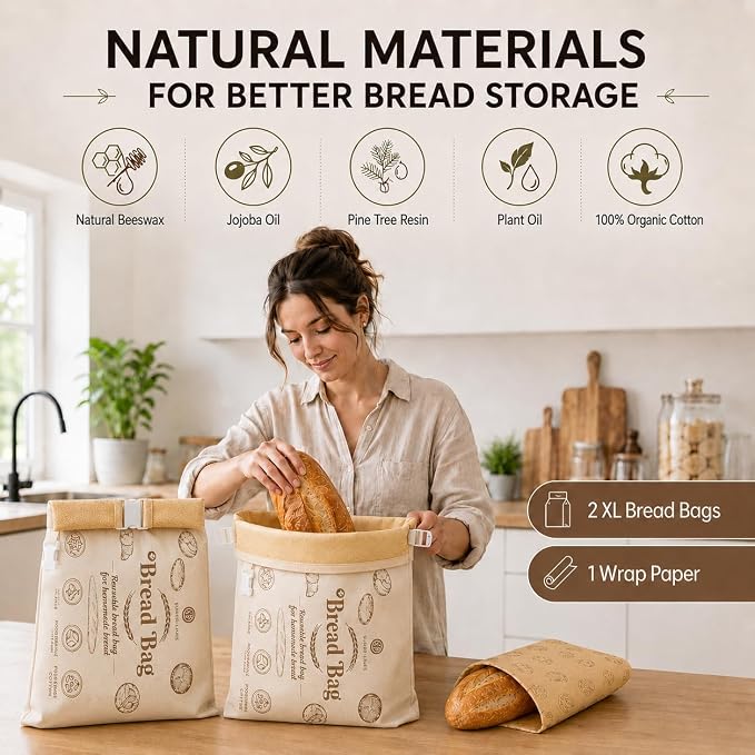 Cotton Beeswax Bread Bags for Sourdough - 3 Pack Reusable 2XL Set with Beeswax Wrap & Buckle Closure, Freezer Safe, Eco-Friendly Organic Storage for Homemade Bread & Artisan Loaves