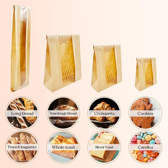SNAIL GARDEN Sourdough Bread Bags - 100pcs with Four Sizes, Windowed, Kraft Paper with 120pcs Label Seal Stickers for Bakery Cookies, Treats