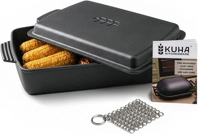 KUHA Square Cast Iron Dutch Oven 2-in-1 | Pre-Seasoned Cast Iron Cookware | Skillet Lid & Casserole Dish | For Baking, Roasting & Grilling | Chainmail Scrubber Included | 13" x 9", 6 QT