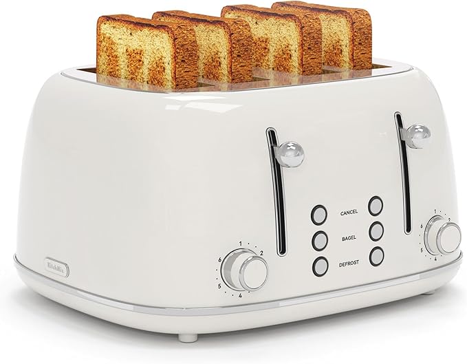 Toaster 4 Slice, Retro Stainless with 6 Bread Shade Settings,1.5''Wide Slots Toaster with Cancel/Defrost/Reheat Functions,Dual Independent Control Panel, Removal Crumb Tray (White)