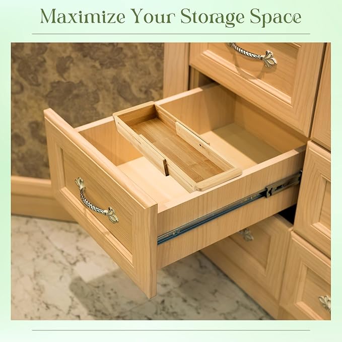 LemonRoad 2 Pcs Sliding Drawer Organizer Bin Bamboo Drawer Expandable Bins Utensil Organizer for Kitchen Spoons Forks Knives (Wood)