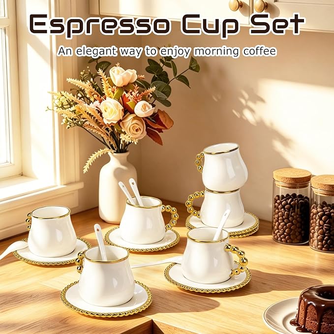 Coffee Cup Set of 6 with Saucers, 8 OZ Ceramic Espresso Cups, Cappuccino Coffee Cup Gift for Double Shot, Latte, Cafe Mocha, Dishwasher & Microwave Safe, Elegant Deco