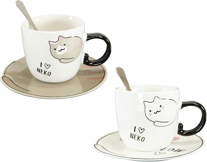 Ebros Pack Of 2 Crazy For Cats Maneki Neko Porcelain Coffee Tea Mug Cup 8oz With Saucer Tray And Notched Spoon Animal Pets Kittens Mugs Cups Kids And Adults Drinkware (White And Brown)