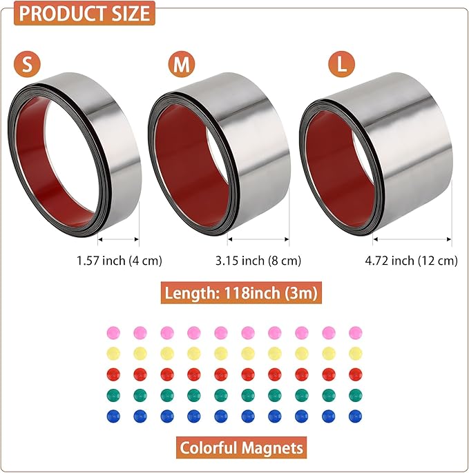 QDYMXUN Self Adhesive Backing Metal Strip for Magnets, Flexible Ferrous Memo Tapes Roll for Bulletin Boards in Studio, Office, School (Glossy Silver, 118''L x 4.72''W)