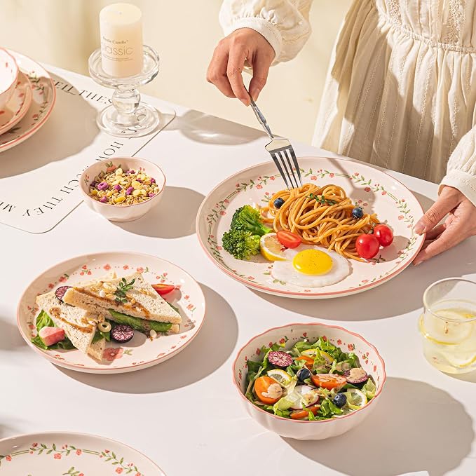 24-Piece Dinnerware Set for 6, Ceramic Plates and Bowls Sets, Microwave & Dishwasher Safe Dish Sets for Daily Use & Gifting, with Spring Peach Blossom Pattern
