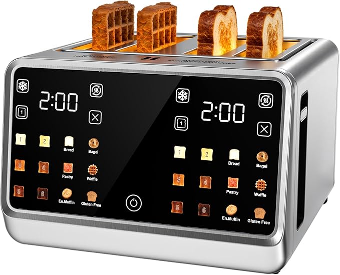 Touch Screen Toaster 4 Slice, DualZone Control, 6 Browning Levels & Toast Types,Single-Slice Mode, Stainless Steel, Removable Crumb Tray