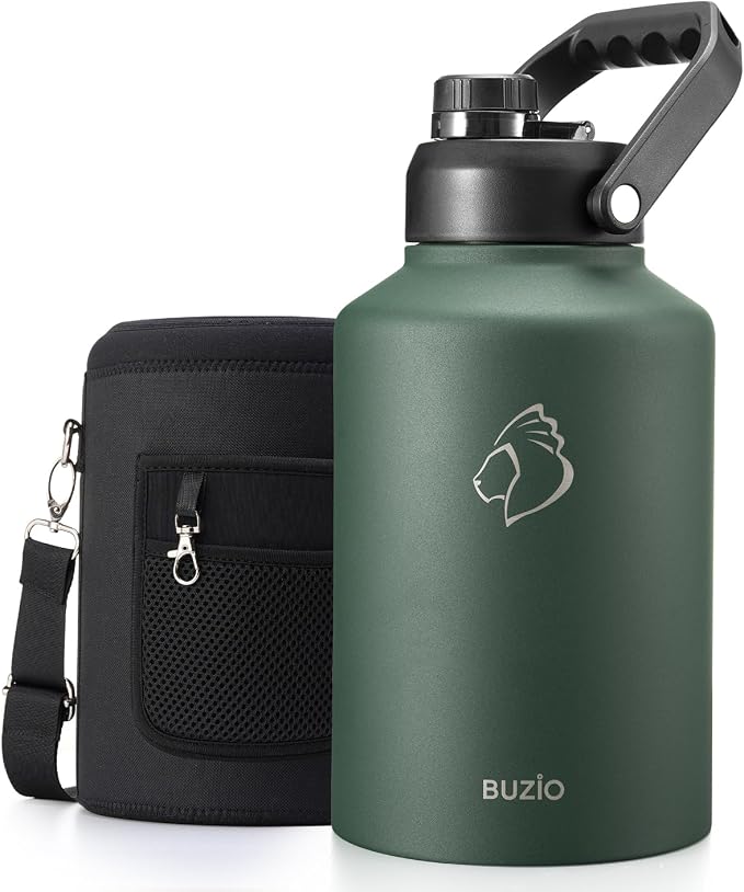 BUZIO 1 Gallon Water Jug Insulated, Stainless Steel Bottle With Large Handle & Spout Lid, 3.58" Big Wide Mouth BPA-Free Leakproof Metal Water Flask For Camping, Adventure, Sports, Green