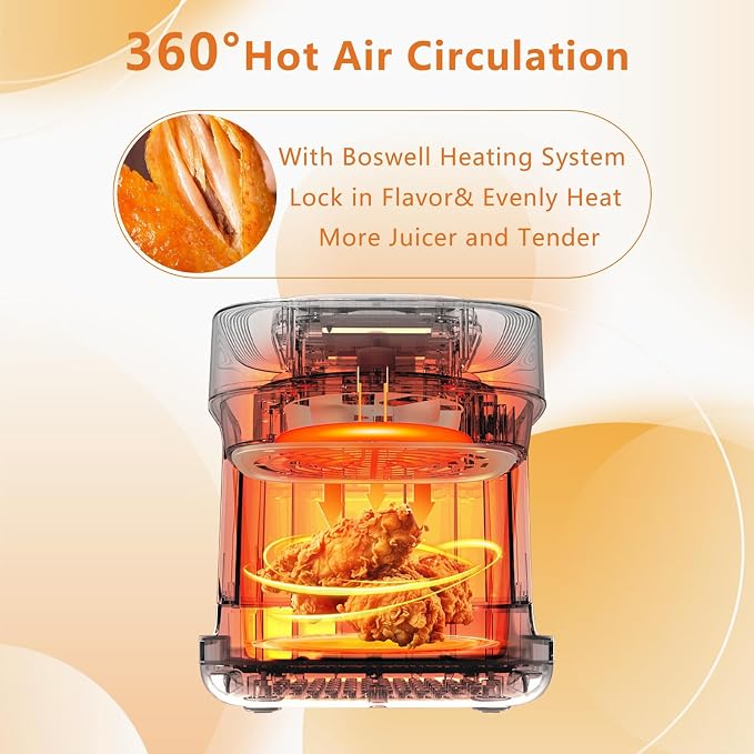 7.5 QT Glass Air Fryer, Transparent Fry Bowl, Circulating Heating & Temperature Control, Stainless Steel Interior, Dishwasher Safe, Green