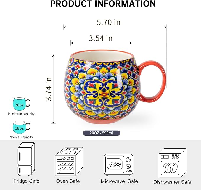 HENXFEN LEAD Boho Ceramic Coffee Mugs Set of 6, 20 oz Large Cups for Tea, Latte, Hot Chocolate & Soup – Microwave & Dishwasher Safe