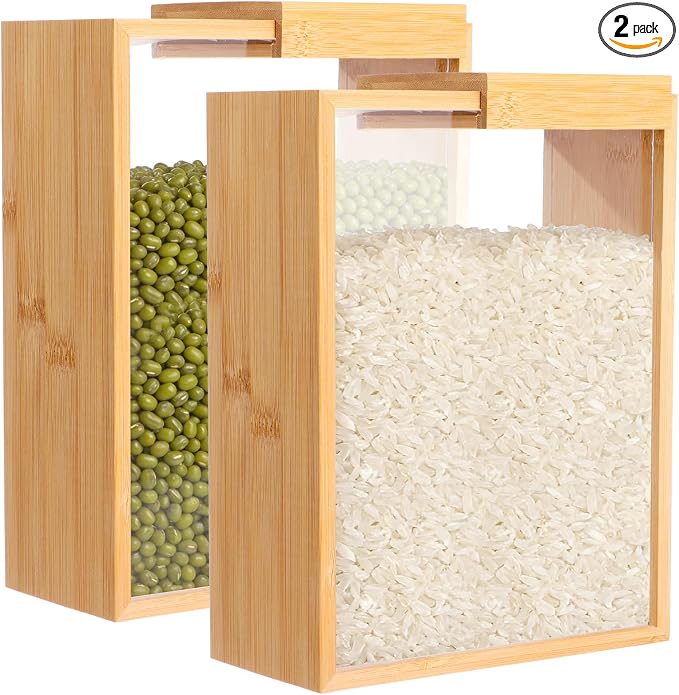 2 Pcs Wooden Cereal Storage Boxes, 8.7 x 6.8 x 3.1 in Dry Food Dispenser with Slide Lid, Visible Window, Wood Food Storage Container for Kitchen, Pantry Organization